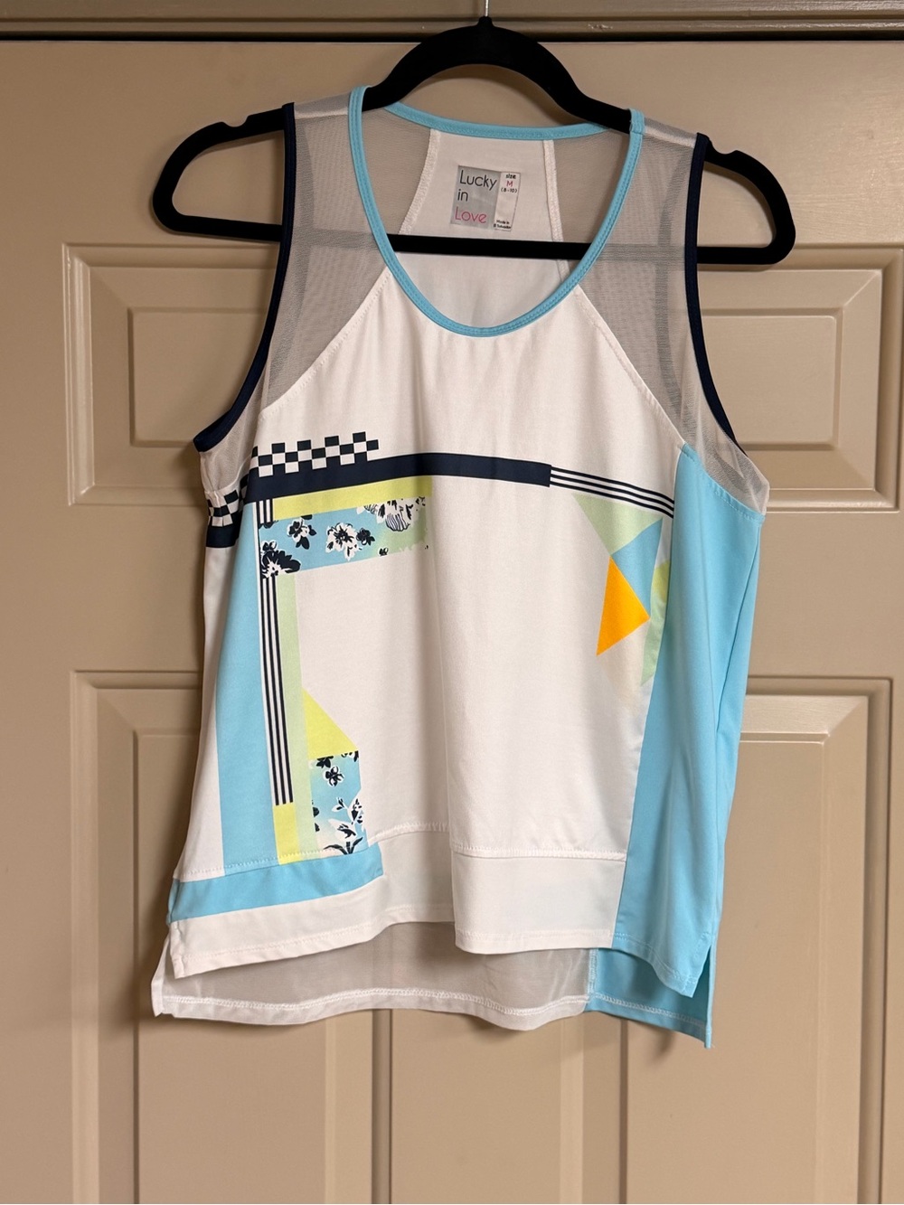 Lucky in Love White Light Blue Geometric Athletic Tank with Yellow Accent